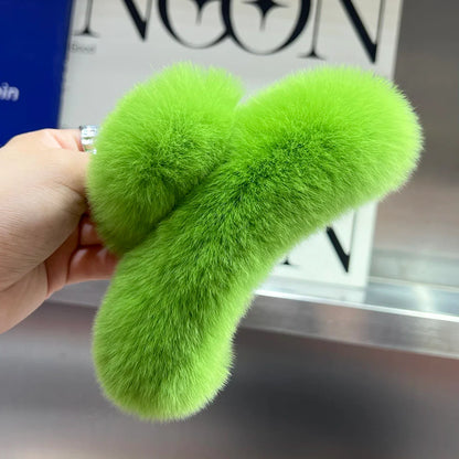 Winter Fuzzy Hair Claw for Women – Warm Fluffy Natural Rex Rabbit Fur Hair Clip, Elegant Fashion Party Accessory