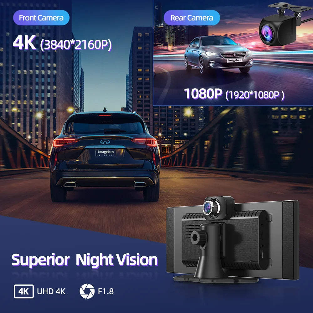 Imagebon 11.4″ H70 Pro 4K QLED Dash Cam - Wireless CarPlay & Android Auto, Dual Recording, Night Vision Car DVR