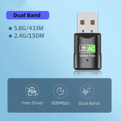 600Mbps USB WiFi Adapter – Dual Band 2.4GHz/5GHz WiFi Dongle, 802.11AC Wireless Network Card for PC