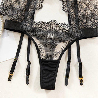 Krasapt Luxury Black Flower Embroidery Lingerie – 4PC Mesh Bra, Thong & Garter Erotic Set