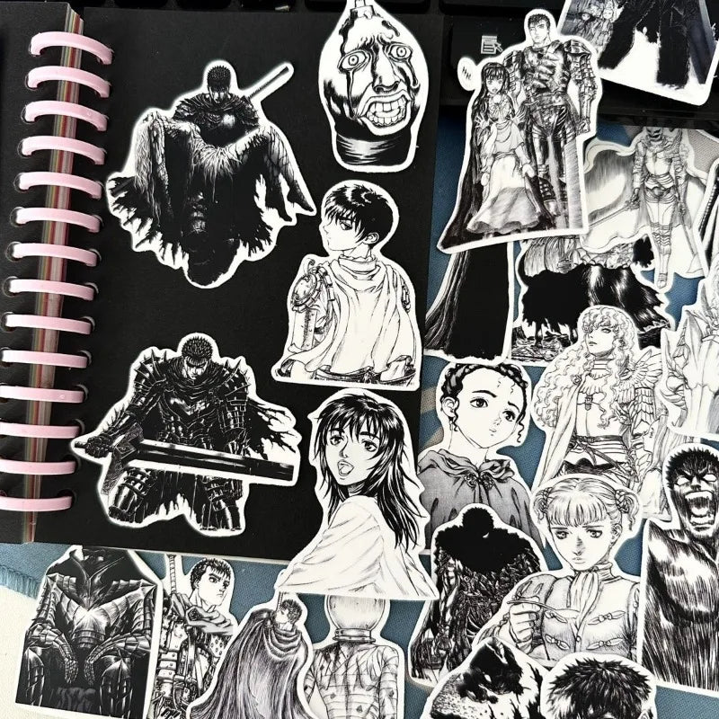 53pcs Berserk Guts Anime Stickers – Black & White Waterproof Laptop, Diary & Luggage Decals
