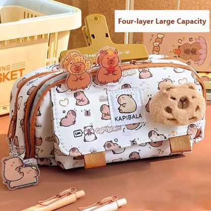INS Capybara Four-Layer Large Capacity Pen Bag - Cute Cartoon Pencil Case, Stationery Organizer & Storage Bag for Students, Perfect Gift