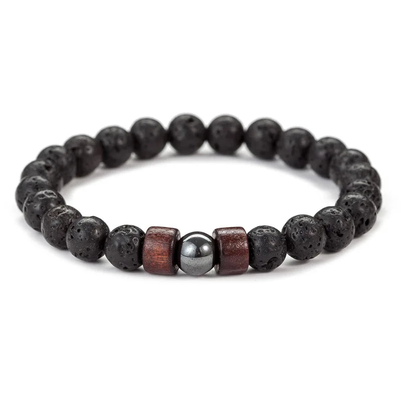 8mm Volcanic Lava Stone Bracelet - Handmade Elastic Beaded Bracelet for Men with Wooden Tibetan Buddha Style