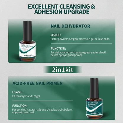 Nailpop Nail Dehydrator & Primer — Acid-Free Natural Nail Prep for Acrylic & UV Gel, Fast Dry Superior Bonding Set