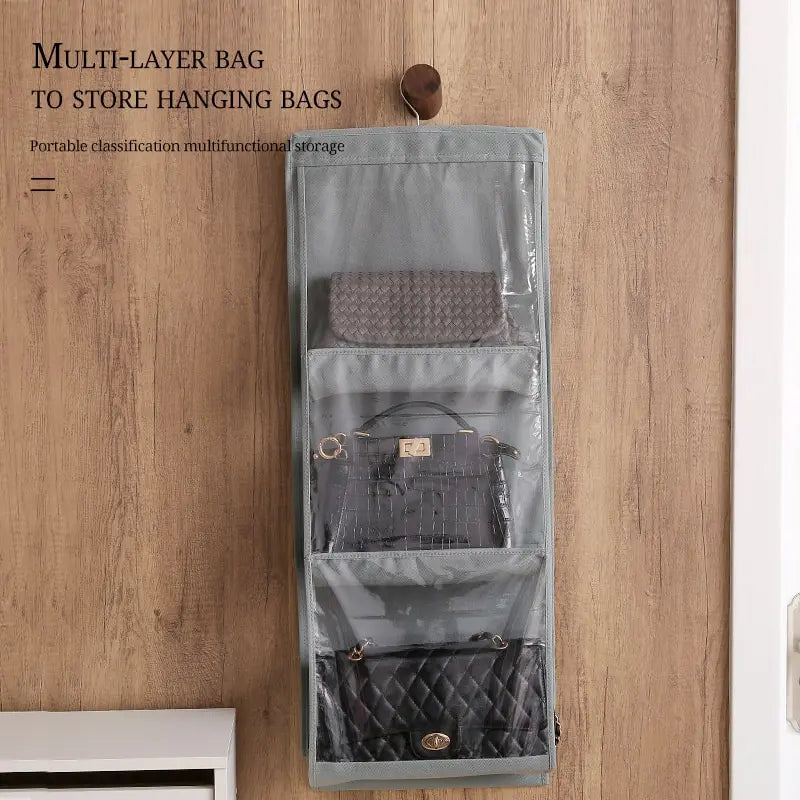 6-Pocket Hanging Handbag Organizer – Gray Waterproof Storage Bag with Hanger for Closet, Door & Wall