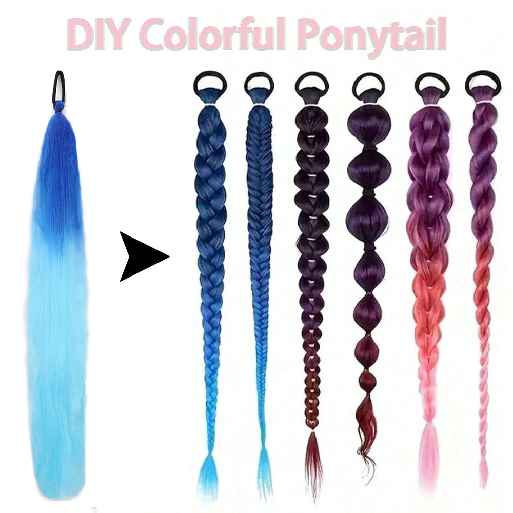 Synthetic Colorful Ponytail Extensions – Long Straight Braided Hairpieces with Rubber Band for Women
