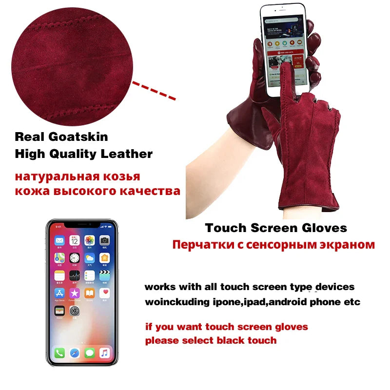 Women’s Winter Touch Gloves – 50% Genuine Leather & 50% Suede, Colorful Warm Leather Gloves