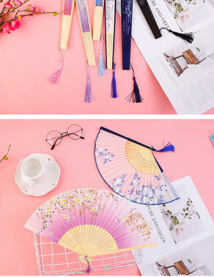 Bamboo Folding Fan with Silk — Chinese & Japanese Style Handheld Fan, Antique Art Craft for Summer Dance, Home Decor & Party