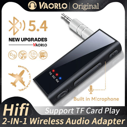 Bluetooth 5.4 Audio Transmitter Receiver – 3.5mm AUX Wireless Adapter with Mic & TF Card Support for Car, TV, PC