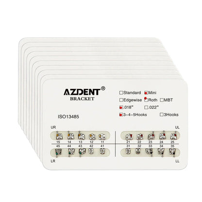 AZDENT 10 Packs Dental Brackets – Orthodontic Metal Mini Standard Roth MBT Slot 0.022/0.018 with Hooks, 20 Pcs per Pack