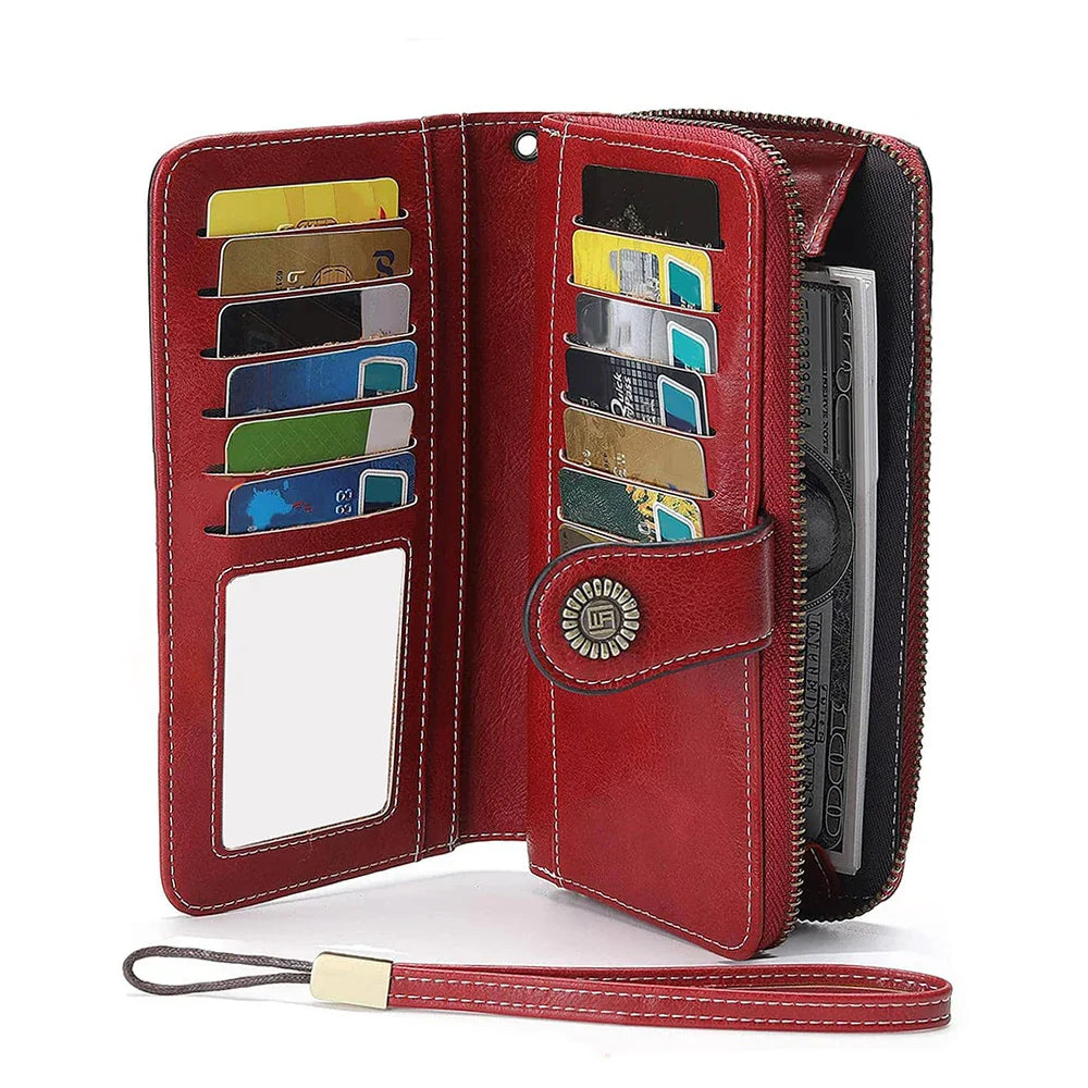 Vintage Large Capacity Women's Purse – Monochromatic Multi-Card Long Wallet with Zipper & Wrist Strap