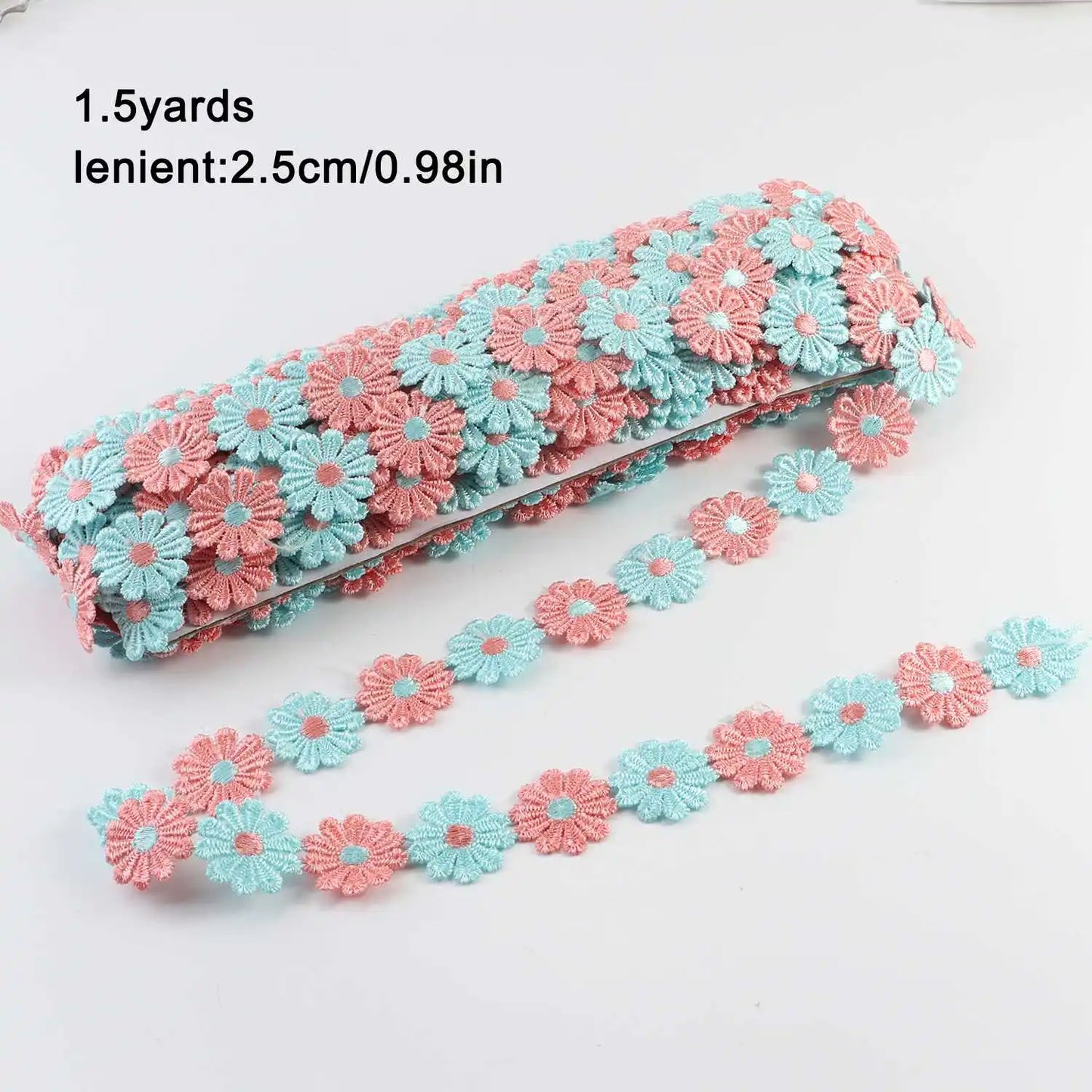Daisy Flower Lace Trim Ribbon – 2.5CM Wide, 1.5 Yards Embroidered DIY Patchwork Sewing & Craft Supplies, Colorful