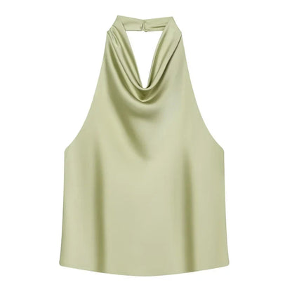 Women's Satin Halter Backless Camisole Top – Off Shoulder Summer Beach Tank Blouse