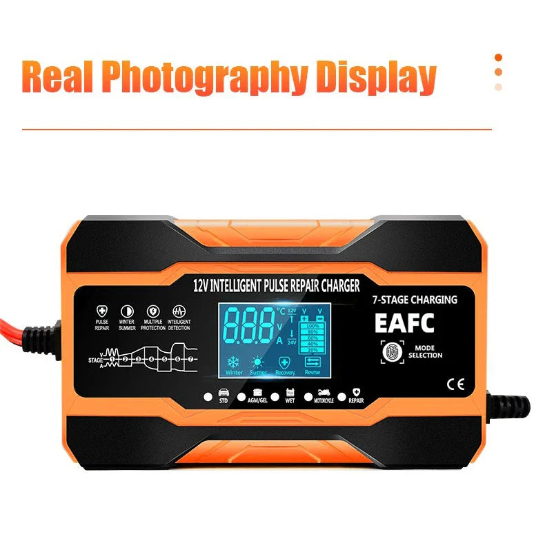 12V/24V Smart Battery Charger — 10A/12A Fast Charger with 7-Stage Pulse Repair for AGM, GEL, WET Lead-Acid Car Batteries