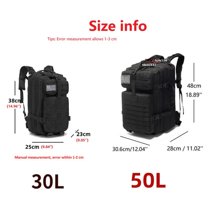 30L/50L Waterproof Nylon Backpack – 1000D Tactical Outdoor Bag for Camping, Hiking, Fishing & Hunting