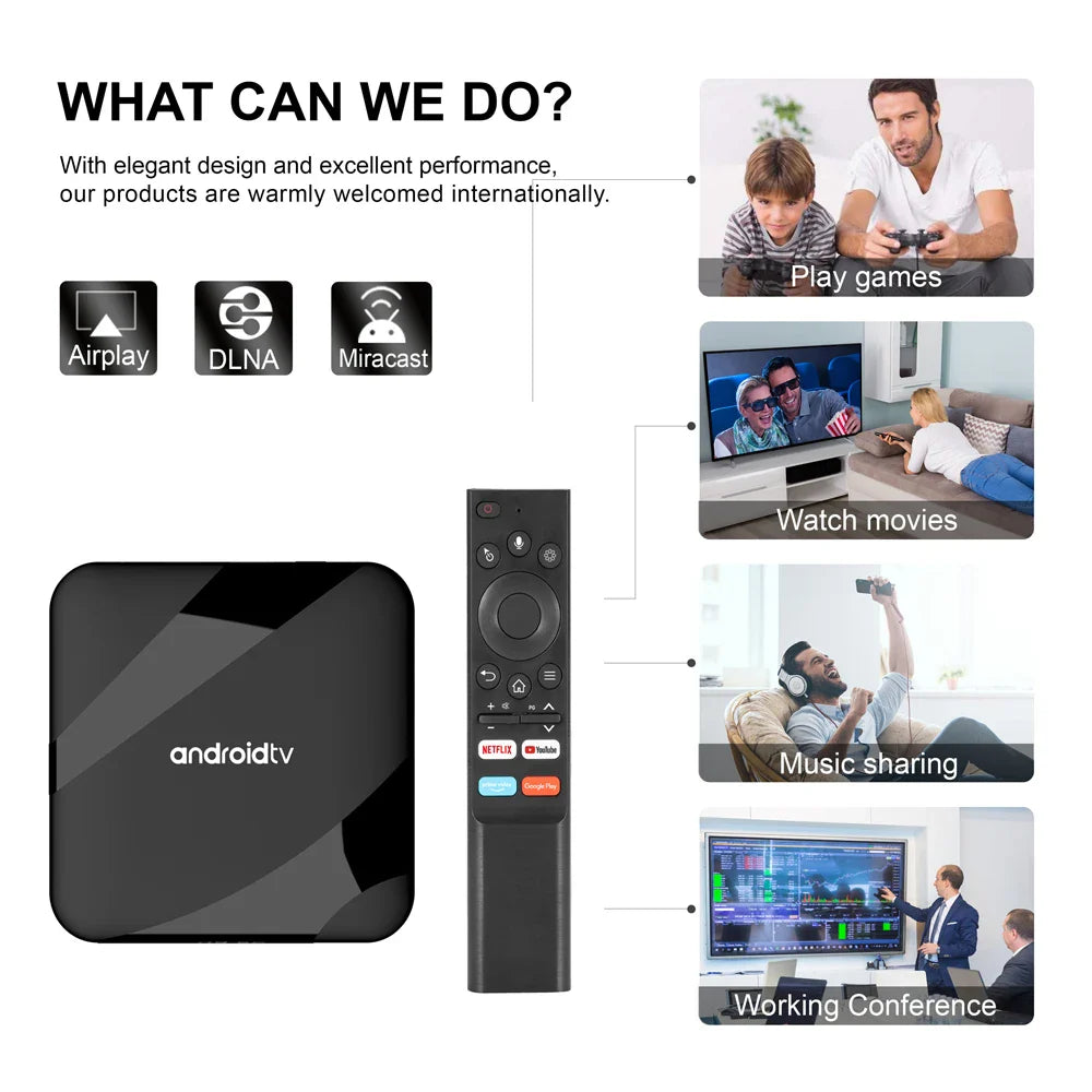 Android 14 TV Box 8K 4K Set Top — Bluetooth 5.2, 4GB RAM, 64GB Storage, S905W2 Quad Core, Dual WiFi, Voice Remote