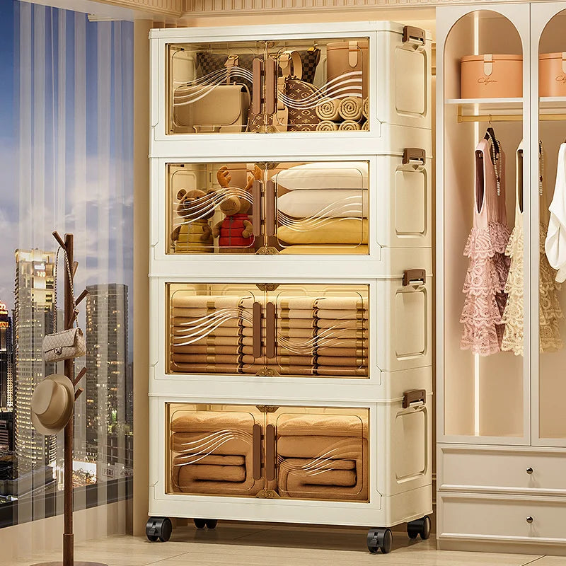 Foldable Multi-Layer Storage Box with Wheels — Plastic Cabinet for Clothes, Books & Kitchen Organization