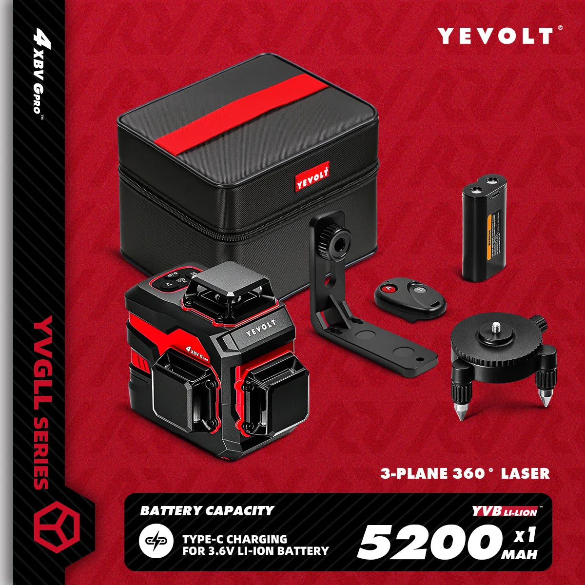 YEVOLT YVGLL4XS12 12-Line Green Laser Level – ±0.2mm/m Precision, IP54 Waterproof, Auto-Leveling with Slope Mode