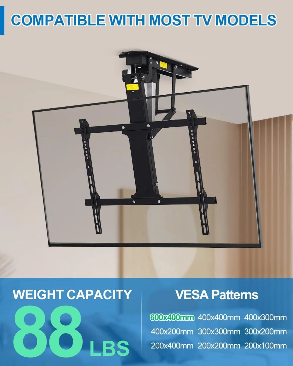 Motorized Electric Ceiling TV Mount with Remote – Flip Down Bracket for 32–70 Inch Flat & Curved Screens, Adjustable Roof Installation