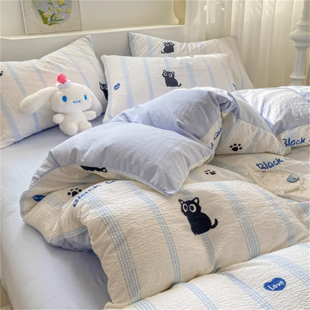 Wrinkled Yarn Washed Cotton Bedding Set — Soft Duvet Cover and Bed Sheet Set, 3 or 4 Piece Non-Pure Cotton Bedroom Set