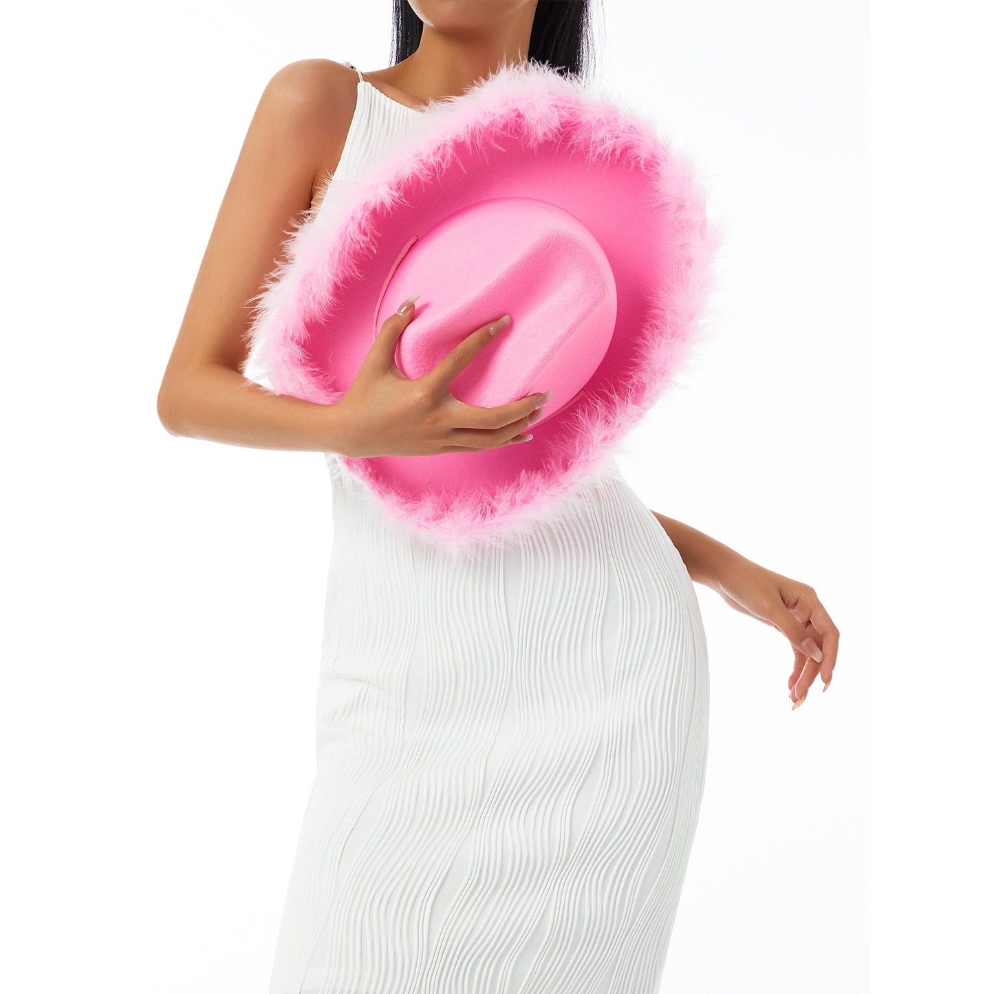 Women's Cowboy Hat – Wide Brim Solid Color with Furry Trim for Parties & Outings