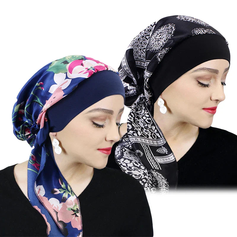 Women’s Printed Pre-Tie Headscarf – Elastic Turban & Chemo Hair Loss Head Wrap Bandana