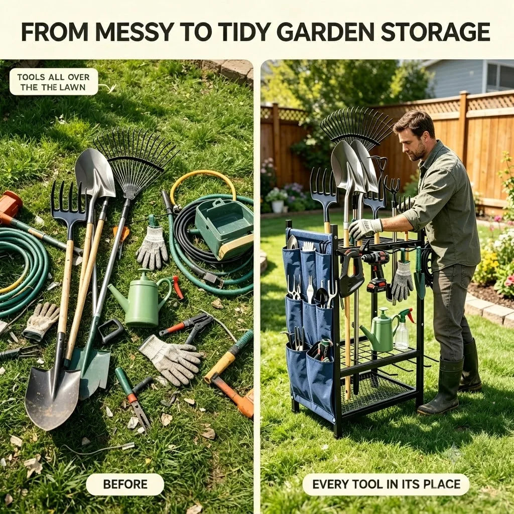 Garden Tool Storage Rack - Heavy-Duty Metal Organizer for Shovels, Rakes & Garage Tools