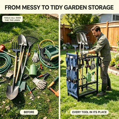 Garden Tool Storage Rack - Heavy-Duty Metal Organizer for Shovels, Rakes & Garage Tools