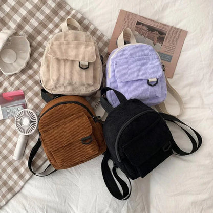 Women's Mini Backpack - Fashionable Solid Color Corduroy Casual Schoolbag with Large Capacity