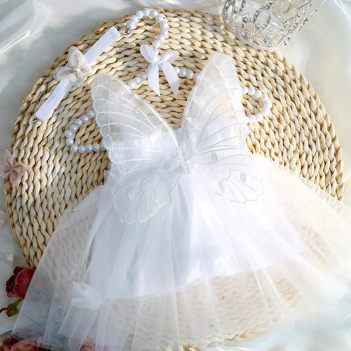 Newborn Girl Butterfly Wing Mesh Dress - Photography Outfit with Headband
