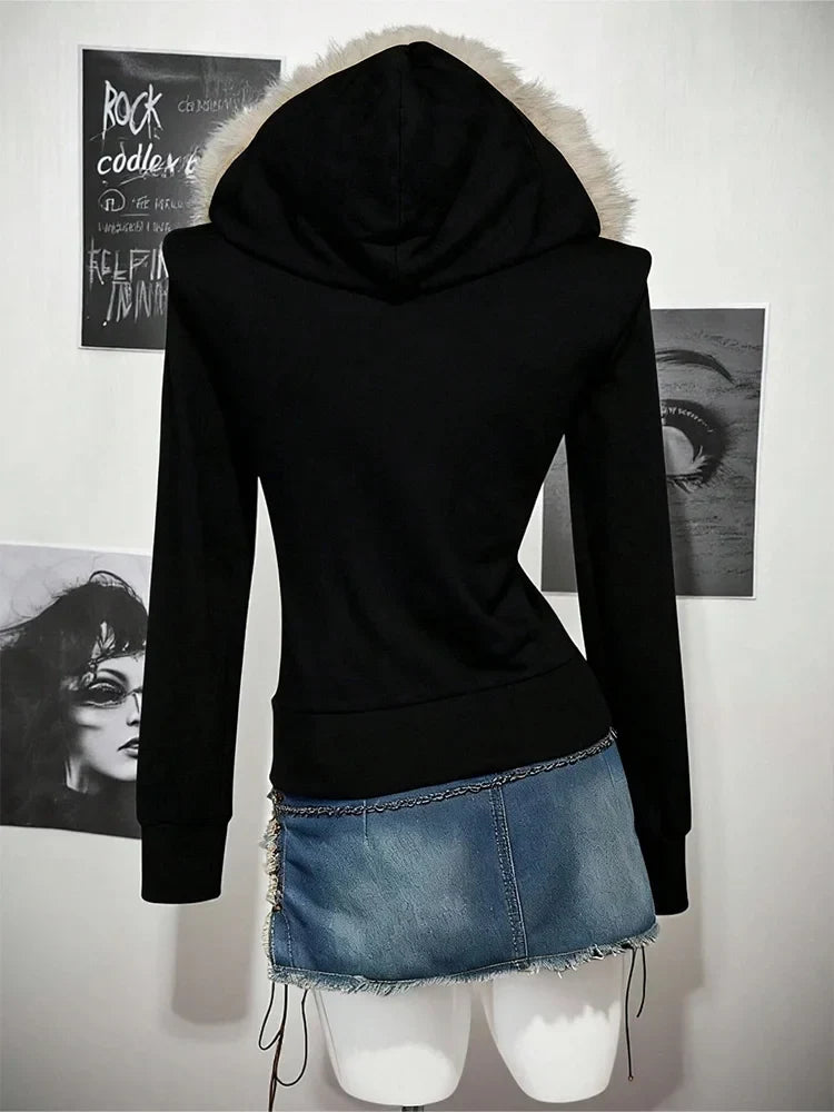 Women’s Y2K Gothic Hoodie - Slim Suede Fur Collar Letter Print Streetwear Sweatshirt