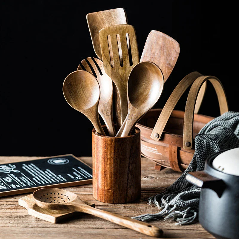 9PCS Teak Wooden Cooking Spoons Set – Kitchen Utensils with Holder