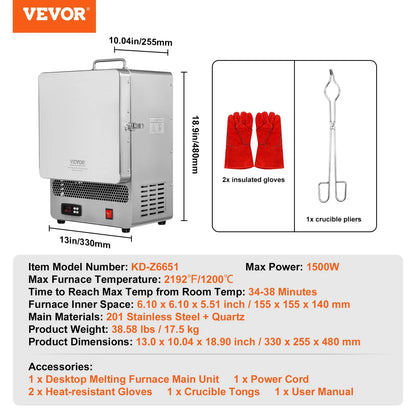 VEVOR 1500W Electric Melting Furnace – Max Temp 2192℉ Stainless Steel for Metal Clay, DIY Metal Tempering & Pottery Glazing