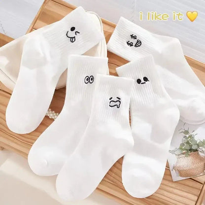 5 Pairs Happy Face Crew Socks – Cartoon Cat Cotton Mid Tube Socks, Breathable Women's Stockings & Hosiery