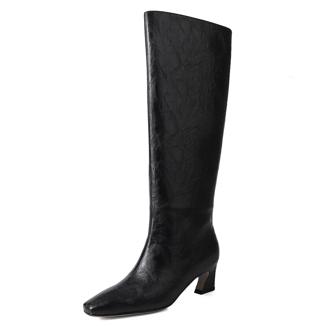 Women’s Genuine Leather Knee-High Boots – 5.5cm Thin Heel, Square Toe Slip-On Autumn Long Boots