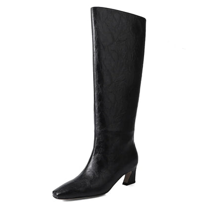 Women’s Genuine Leather Knee-High Boots – 5.5cm Thin Heel, Square Toe Slip-On Autumn Long Boots