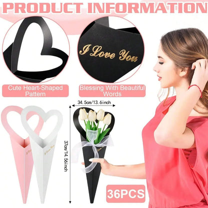 12/24/36PCS Heart-Shaped Bouquet Bags – Floral Packaging & Gift Decoration for DIY Valentine’s Day Gifts