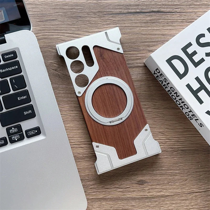 Aluminum & Wooden Magnetic Phone Case – 360° Shockproof Magsafe Cover for Samsung Galaxy S22-S25 Ultra
