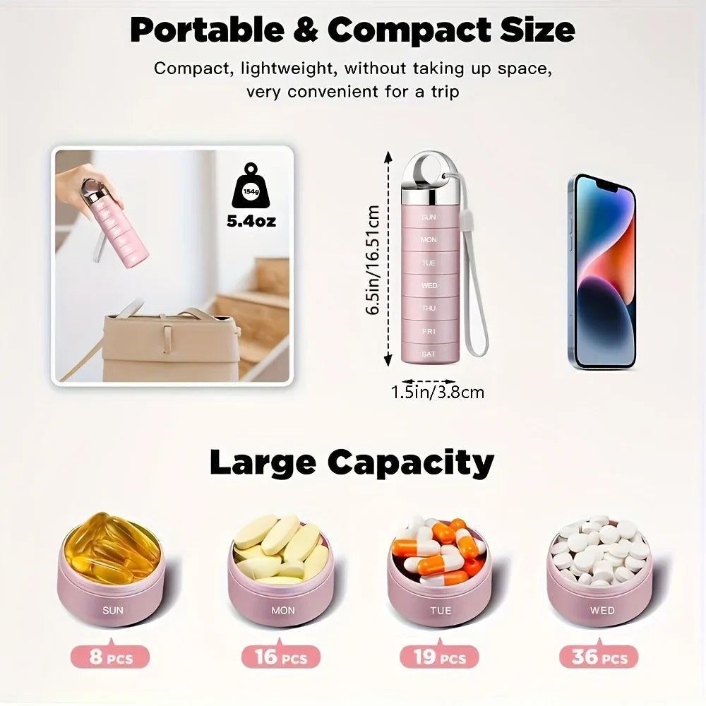 Metal Travel Pill Organizer — Portable Waterproof 7-Day Weekly Medicine Box, Large Aluminum Alloy Container
