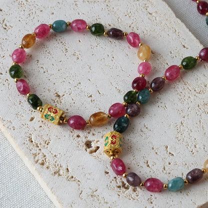Bohemian Natural Tourmaline Beaded Necklace – Handmade with Stainless Steel Tibetan Pendant, Party Jewelry Gift