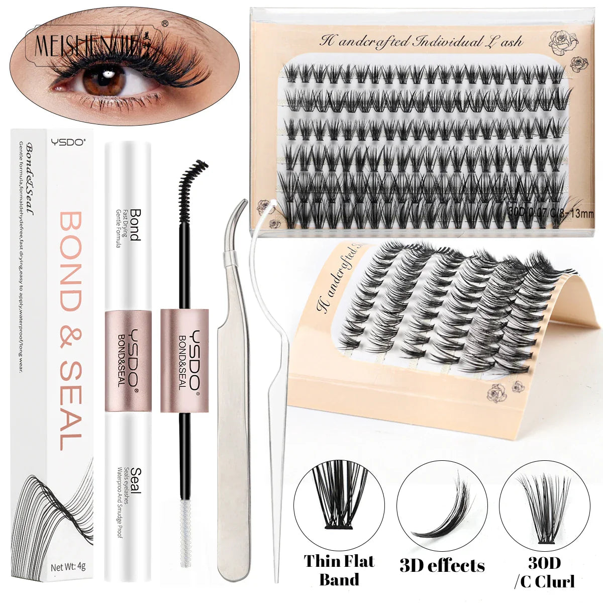 MEISHENJIE DIY Cluster Lash Extension Kit — 120 Bunches Individual Wispy False Eyelashes with Glue & Tweezer