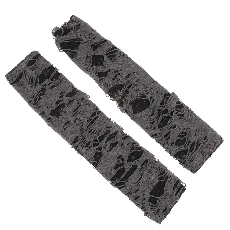 Gothic Fingerless Ripped Gloves - Black Slit Halloween Cosplay Gloves for Adults