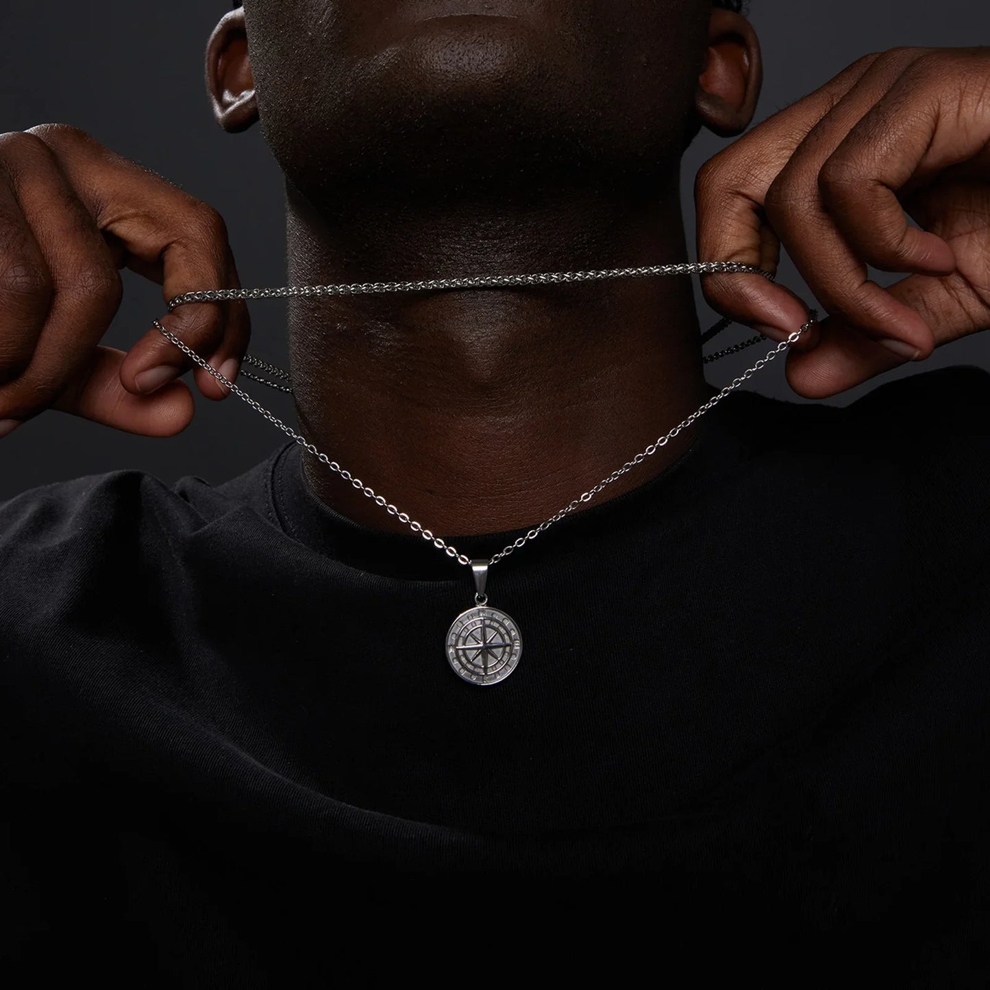Vnox Layered Necklace for Men - Sailing Compass Pendant with Stainless Steel Cuban Figaro Wheat Chain, Casual Retro Style