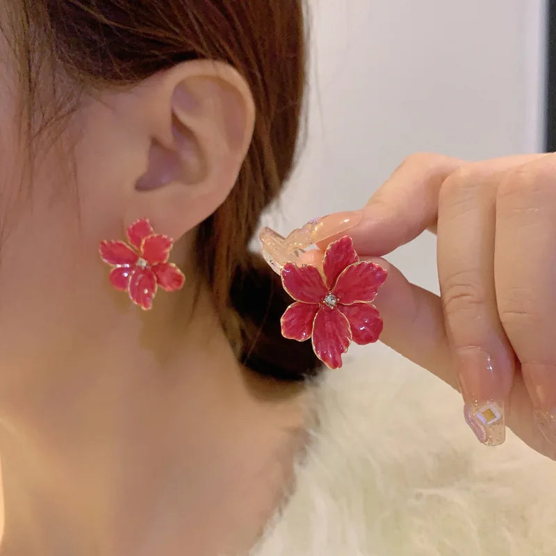 Modern 925 Silver Red Flower Stud Earrings — Spring/Summer Popular Big Earrings for Women & Girls, Fashion Jewelry Gift