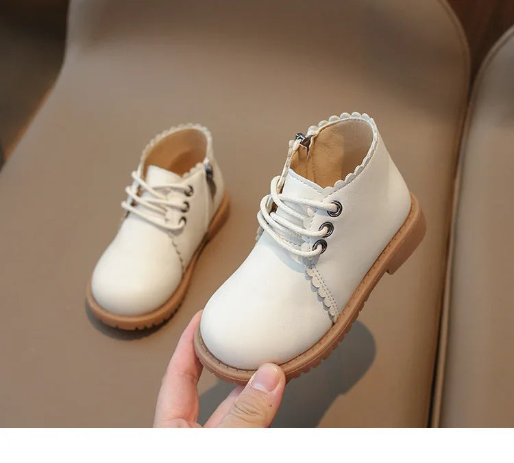 Girls’ Leather Ankle Boots 2024 — Spring & Autumn Lace-Up Side Zipper Rubber Boots, Sizes 21-30