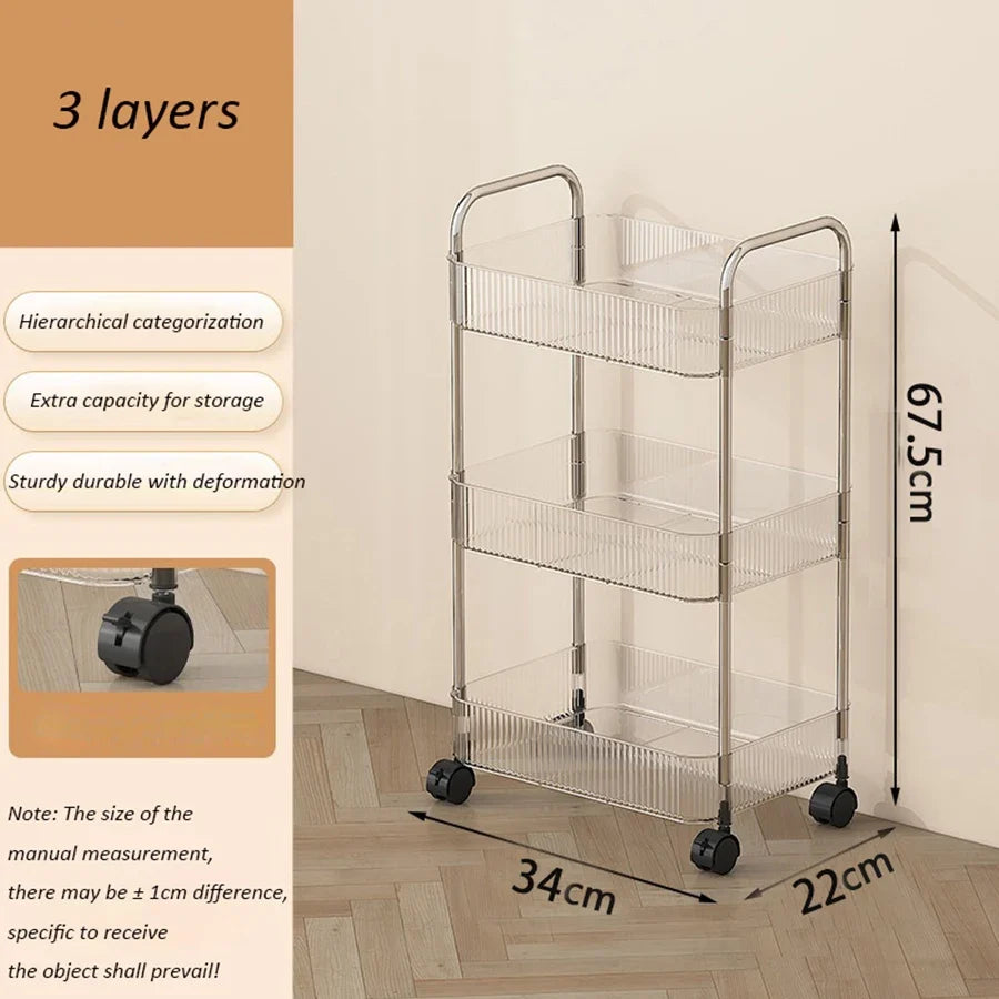 Transparent Acrylic Rolling Storage Cart - 2/3/4-Tier Trolley with Removable Hanging Baskets