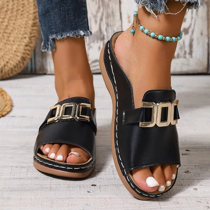 Women’s Thick Sole Fashion Sandals – Casual Summer Fish Mouth Slippers with Metal Buckle, Plus Size Comfort Slides