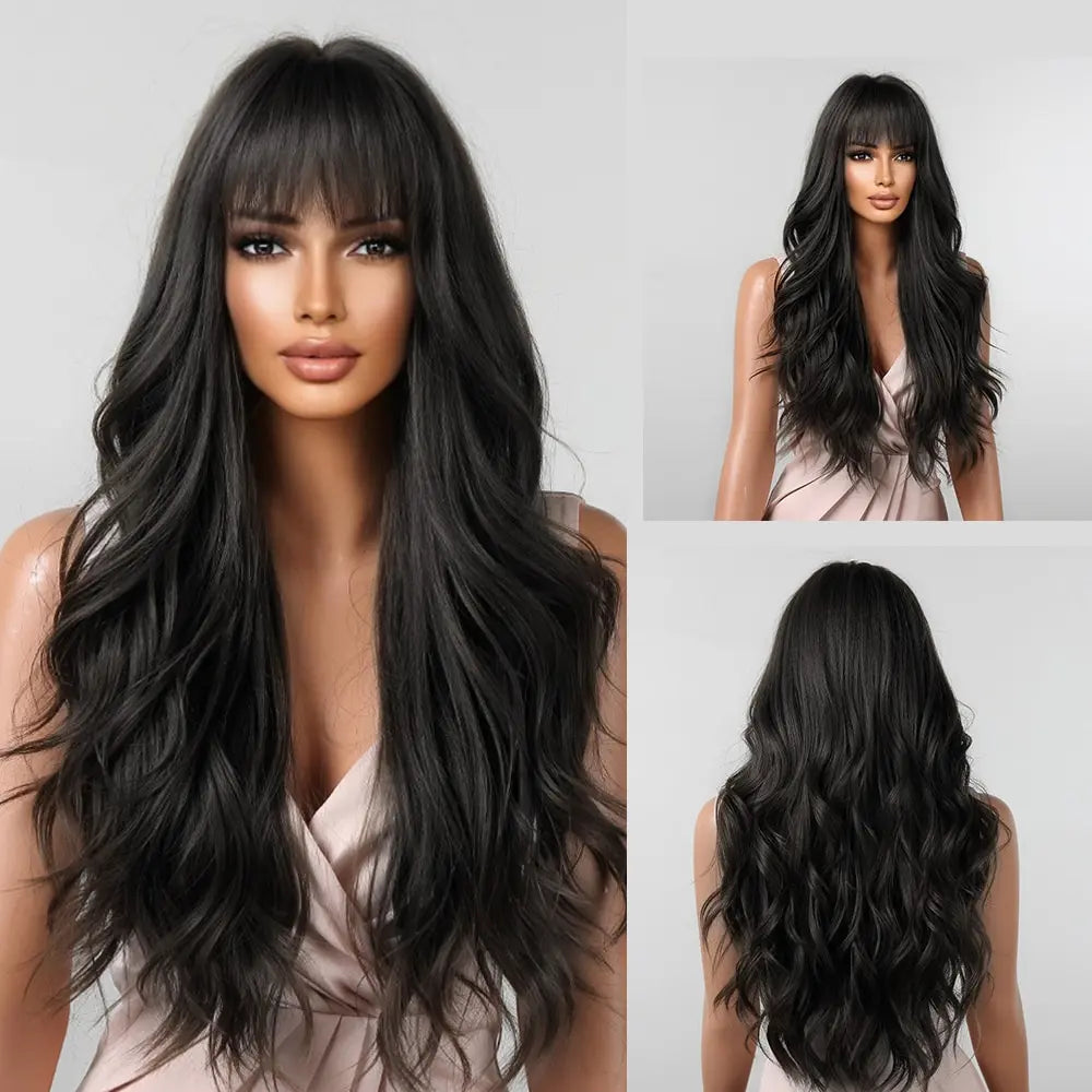 Brown Long Wavy Wig for Women with Bangs — Natural-Look Synthetic Hair, Heat-Resistant for Daily & Cosplay