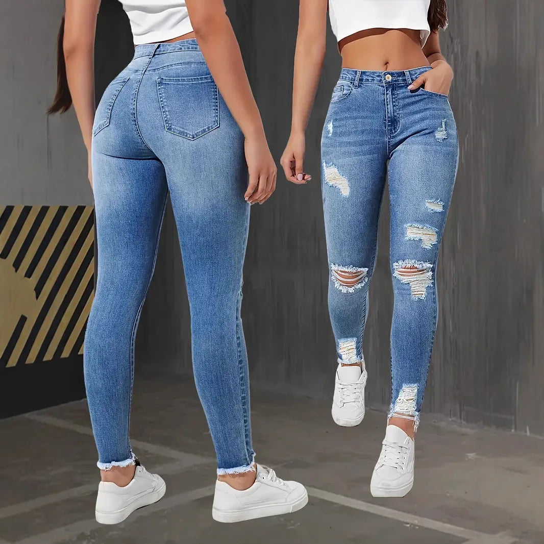Women’s 2025 Ripped Skinny Jeans - High Waist Stretch Slim Fit Retro Denim Trousers for Autumn Fashion