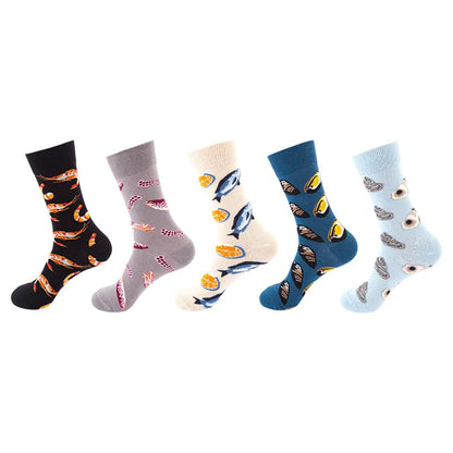 5-Pair Men’s Cotton Sports Socks Pack - Hip Hop Harajuku Pastel Print Long Tube Running Casual Socks